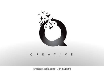 Q Logo Letter with Flying Flock of Birds Disintegrating from the Letter. Bird Fly Letter Icon.