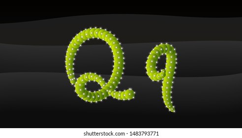 q Lowercase & Capital 3D Cactus Alphabet on black desert blackground, letters vector illustration