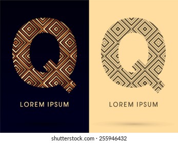 Q ,Luxury font, designed using gold and brown bronze line square geometric shape with black and white tone, logo, symbol, icon, graphic, vector.