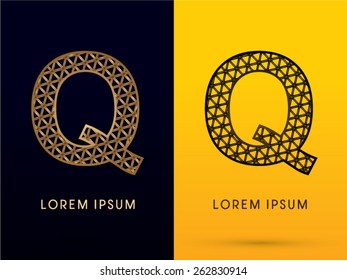 Q ,Luxury font, designed using gold and black triangle geometric shape. on dark and yellow  background, sign ,logo, symbol, icon, graphic, vector.