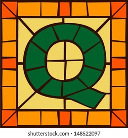 Q - Mosaic alphabet capital letters, stained glass windows with frame or tile design, vector illustration