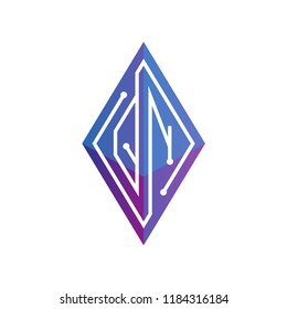 Q N Initial letter block chain logo icon vector template. Looping mono line circuit letter on rhombus cube logo