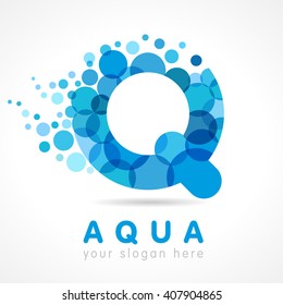 Q name logotype concept. Isolated abstract design. Stained-glass colored trendy graphic template. Pure clear drinking blue bubbles bunch. Corporate healthcare branding identity. Washing blue sparkling