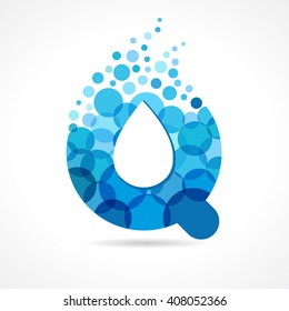 Q naming logotype. Isolated abstract washing emblem. Stained glass character blue colored trendy graphic template. Drinking pure colourful drops bubbly bunch. Corporate healthcare branding identity.