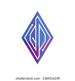 Q O Initial letter block chain logo icon vector template. Looping mono line circuit letter on rhombus cube logo