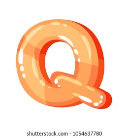 Q orange glossy bright English letter, kids font vector Illustration on a white background