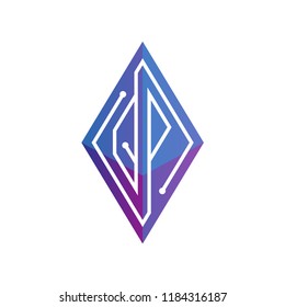 Q P Initial letter block chain logo icon vector template. Looping mono line circuit letter on rhombus cube logo