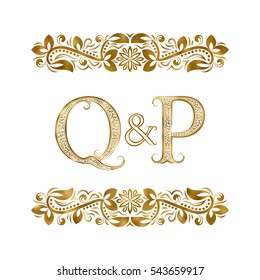 Q and P vintage initials logo symbol. The letters are surrounded by ornamental elements. Wedding or business partners monogram in royal style.