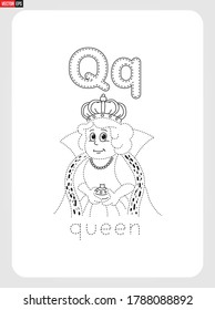 Q for Queen Alphabet  with illustration for Tracing Worksheet, Exercises for kids 