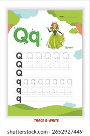 Q para Queen Alphabet Tracing and Writing Practice for Kids Printable EPS Vetor File with Queen Themed Letter Q Activities Planilhas de caligrafia pré-escolar e habilidades de motor fino do jardim de infância desenvolver