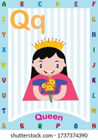 Q para la imagen vectorial del libro de texto queen, childrens abcd