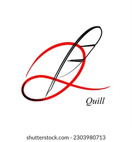 Q - Quill. ABC with objects. Series of letters A-Z. Images of objects. Minimalism. Beautiful letters. Line drawing. logo design initial Q combine with object.