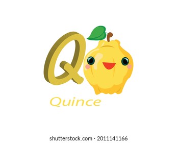 Q for Quince Alphabet Vector illustration. Fruit and Vegetables Name Alphabet symbol. Kids Nursery isolated on white background, Clip Art, Cute, Cartoon ABC