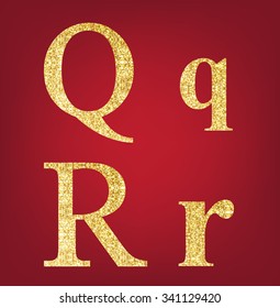 Q R alphabet set  made up of gold spangles on the red background
