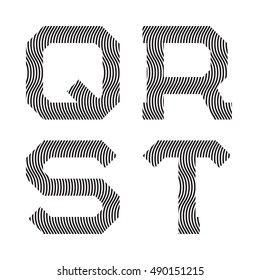 Q, R, S, T black wavy lines letters. Stripy font.