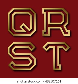 Q, R, S, T gold angular letters with shadow. Trendy and stylish golden font.