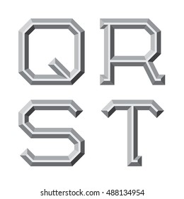 Q, R, S, T gray faceted letters. Prismatic retro font.