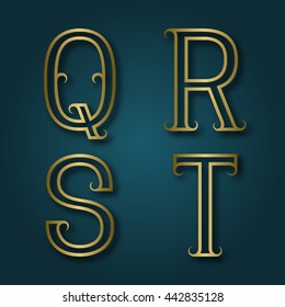Q, R, S, T shiny golden letters with shadow. Outline font with flourishes. Type in art deco style.