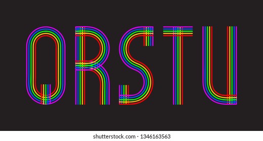 Q, R, S, T, U multicolored lines letters. Isolated stylish font.