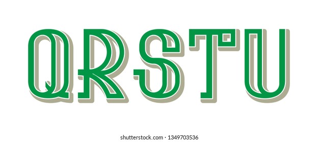 Q, R, S, T, U green gray letters. Urban artistic font.