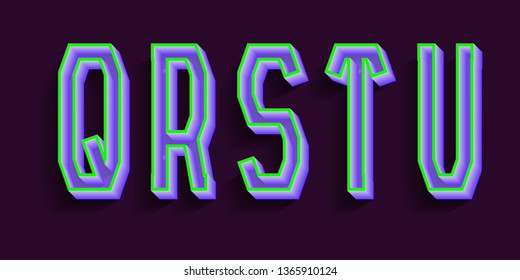 Q, R, S, T, U purple green luminous letters. 3d urban font.