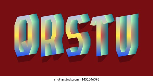 Q, R, S, T, U crystal illuminated letters. 3d stylized font.
