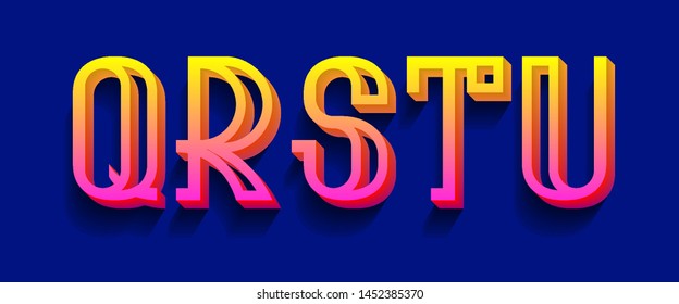 Q, R, S, T, U yellow pink 3d letters. Volumetric gradient font.