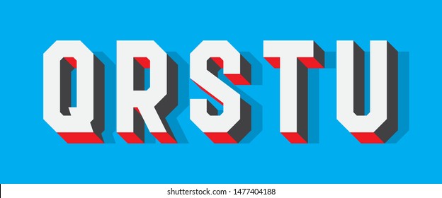 Q, R, S, T, U volumetric contrasting letters. 3d retro font.