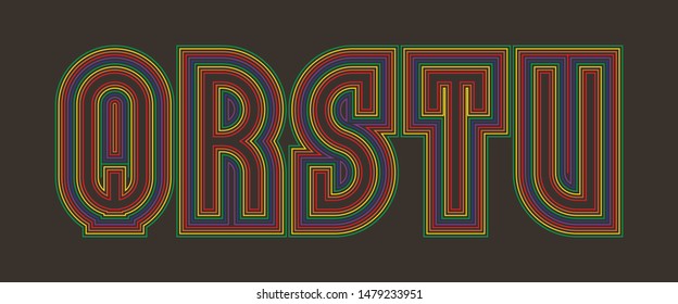 Q, R, S, T, U multicolored lines letters. Isolated iridescent font.