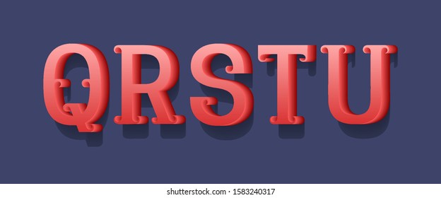 Q, R, S, T, U red 3d letters with curly serifs. Volumetric retro font.