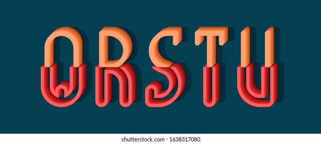 Q, R, S, T, U orange red 3d letters of two parts. Urban volumetric font.