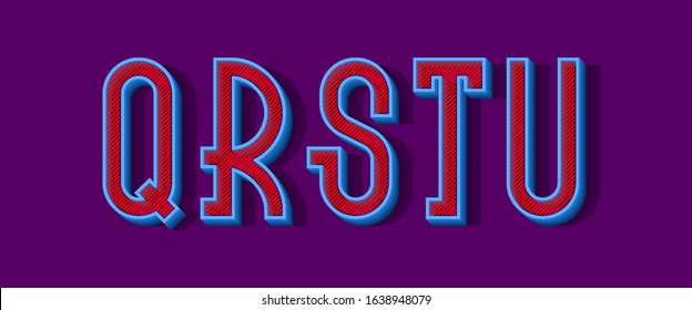 Q, R, S, T, U blue 3d letters with red diagonal hatching inside. Urban volumetric font.
