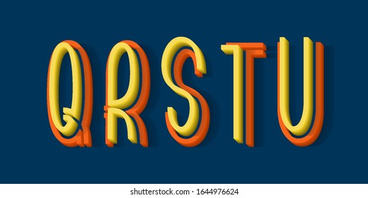 Q, R, S, T, U orange yellow 3d letters of two parts. Urban volumetric split-level font.