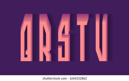 Q, R, S, T, U coral pink 3d letters. Volumetric strict stylish font.