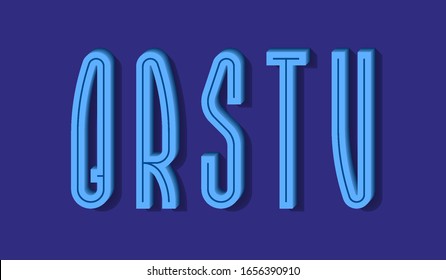 Q, R, S, T, U blue high volumetric letters with middle groove. Stylish 3d font.