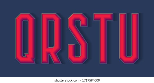 Q, R, S, T, U rojo 3d letras con sombra. Fuente de visualización volumétrica.