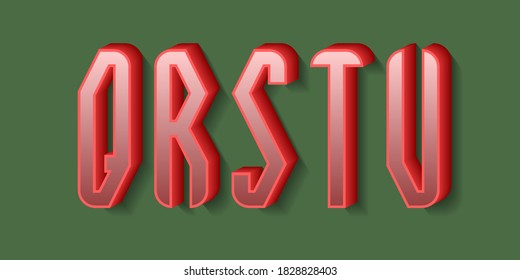 Q, R, S, T, U stylish red 3d letters with shadow. Volumetric display font.