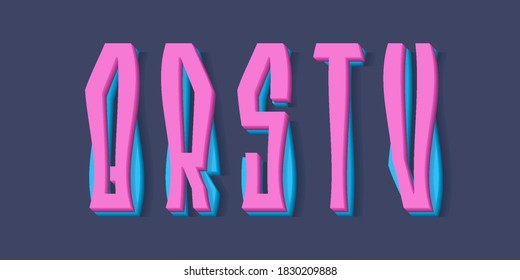 Q, R, S, T, U cartoon two layered pink blue 3d letters. Volumetric display font.