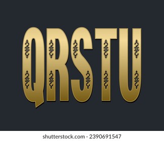 Q, R, S, T, U vintage capital letters witn decor. Golden decorative font.