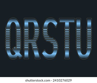 Q, R, S, T, U blue capital letters design with golden stroke. Decorative font.