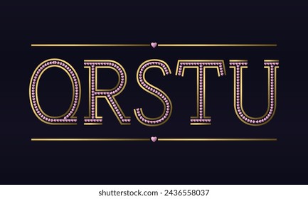 Q, R, S, T, U golden capital letters with rose gold hearts inside. Decorative font in romantic style.