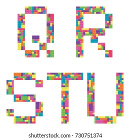 Q, r, s, t, u alphabet letters from children building block icon set vector graphic illustration