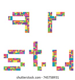 Q, r, s, t, u alphabet lowercase letters from children building block icon set vector graphic