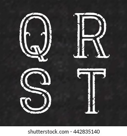 Q, R, S, T white letters of shabby paint on a black marble surface. Outline font with cracks. Type in grunge style.