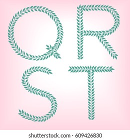 Q, R, S,T. Vector green alphabet set of eco letters logo with leaves