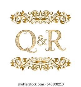 Q and R vintage initials logo symbol. The letters are surrounded by ornamental elements. Wedding or business partners monogram in royal style.