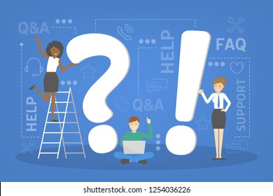 Q and A service concept. Idea of customer service and technical support. Helping clients with problems. Providing customer with valuable information. Set of support icons. Flat vector illustration