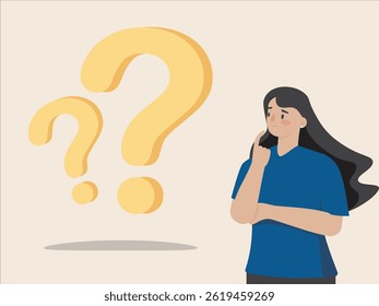 Q and A session, FAQ or frequently asked questions discussion data for answer or information to solve problem concept. Woman with curious face and question mark flat vector illustration design.