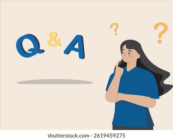 Q and A session, FAQ or frequently asked questions discussion data for answer or information to solve problem concept. Woman with curious face and question mark flat vector illustration design.