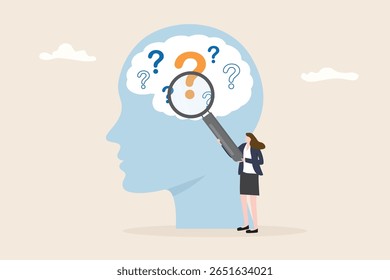 Sessão de perguntas e respostas, perguntas frequentes ou perguntas frequentes discutem dados para respostas ou informações para resolver o conceito do problema. Mulher com lupa e ponto de interrogação plano vetor ilustração design.